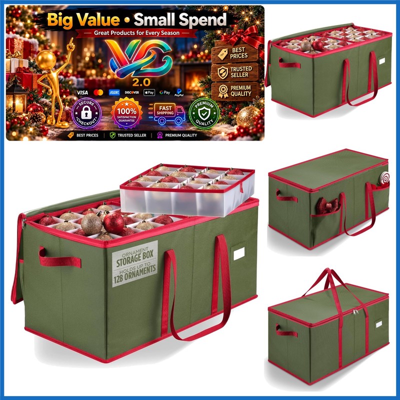 Christmas Ornament Storage Box, Holds 128 Ornaments, Adjustable Dividers, Wat...