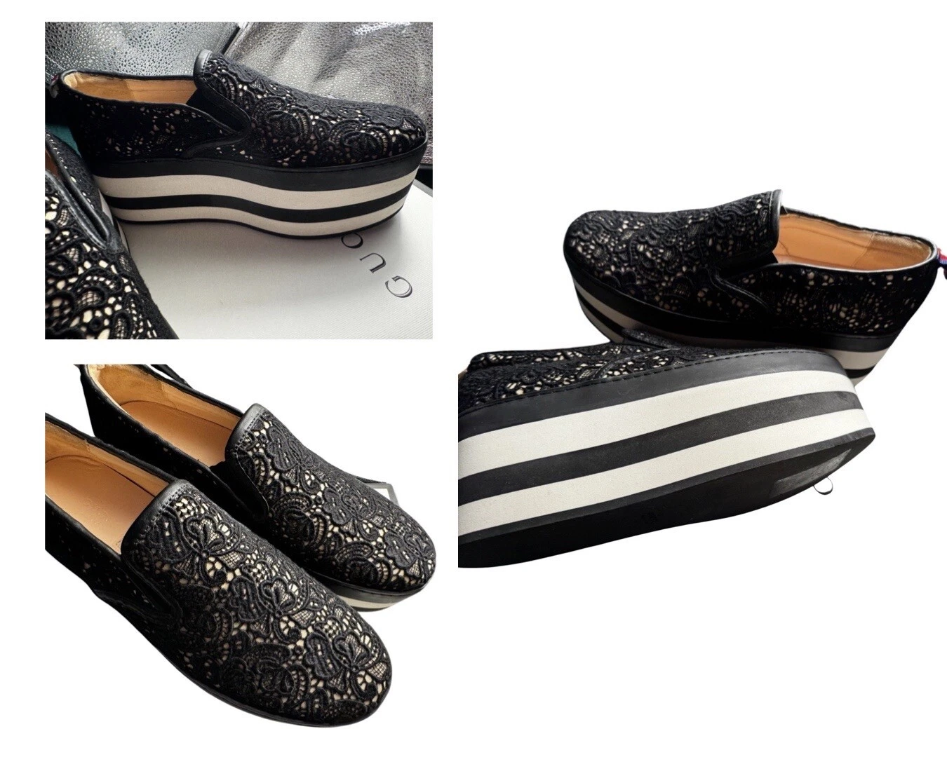 Chaussures à talons plates formes rayés authentiques GUCCI taille 39 SYLVIE crochet noir
