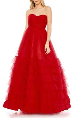 Mac Duggal Red Ruffle Strapless Tulle Ballgown Size 22 $498