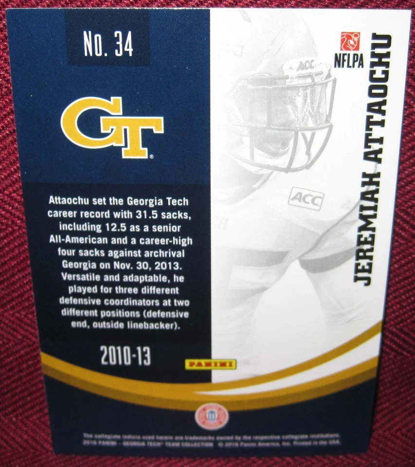 2016 PANINI GEORGIA TECH YELLOW JACKETS #34 JEREMIAH ATTAOCHU - Image 2 of 2
