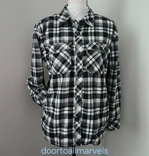 Eddie Bauer Plaid Flannel Shacket Shirt Sherpa-Lined Button Up Women sz Small