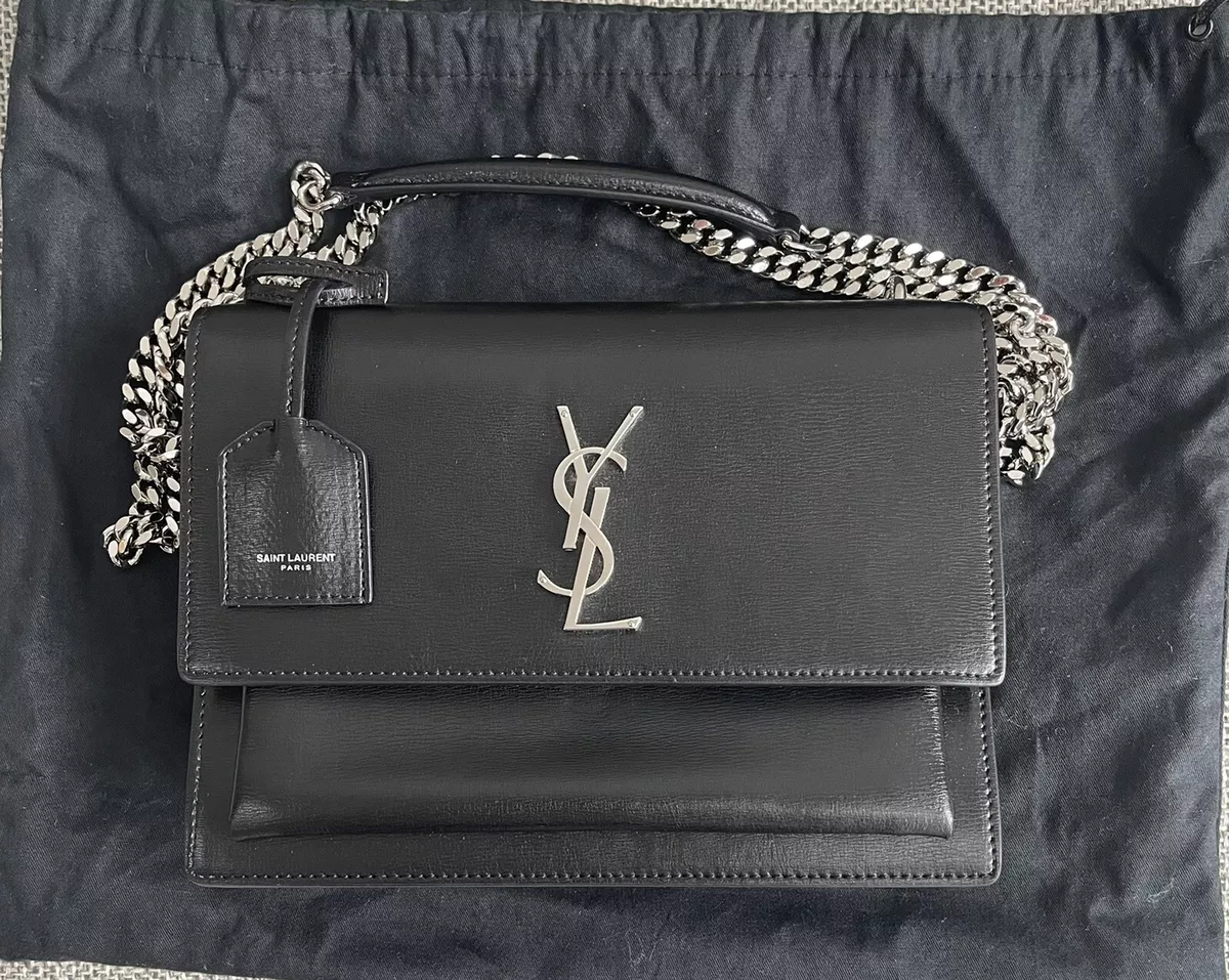 Saint Laurent Medium Sunset Calfskin Leather Shoulder Bag Dark Gray