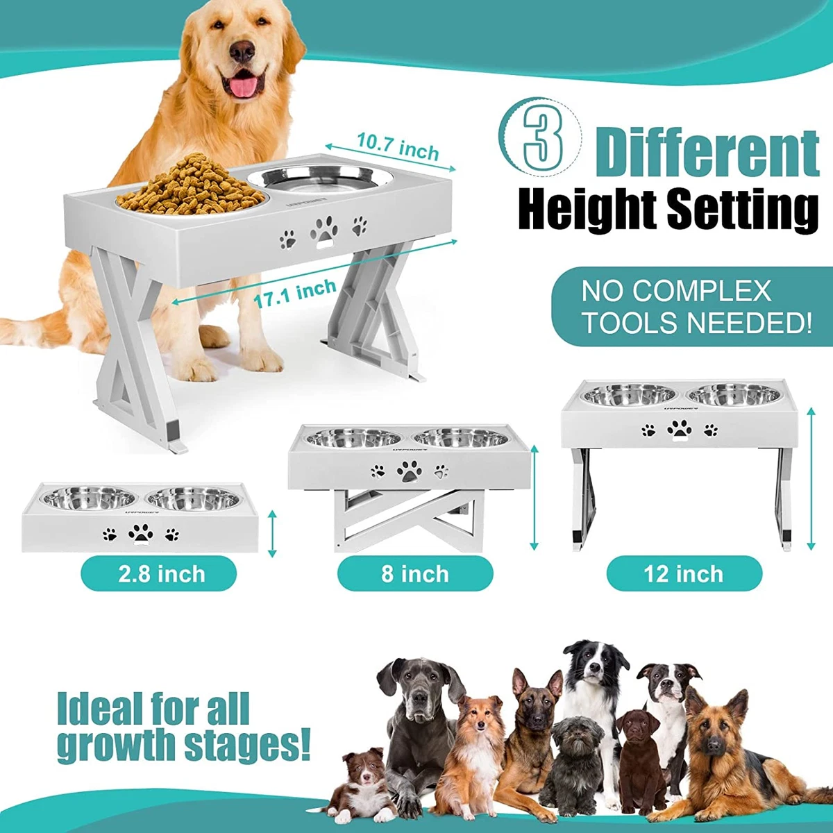 URPOWER Raised Slow Feeder Dog Bowls 4 Height Adjustable Elevated