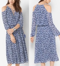 Michael Kors True Navy Floral Cold Shoulder Tie-Neck Pleated Midi Dress - $175