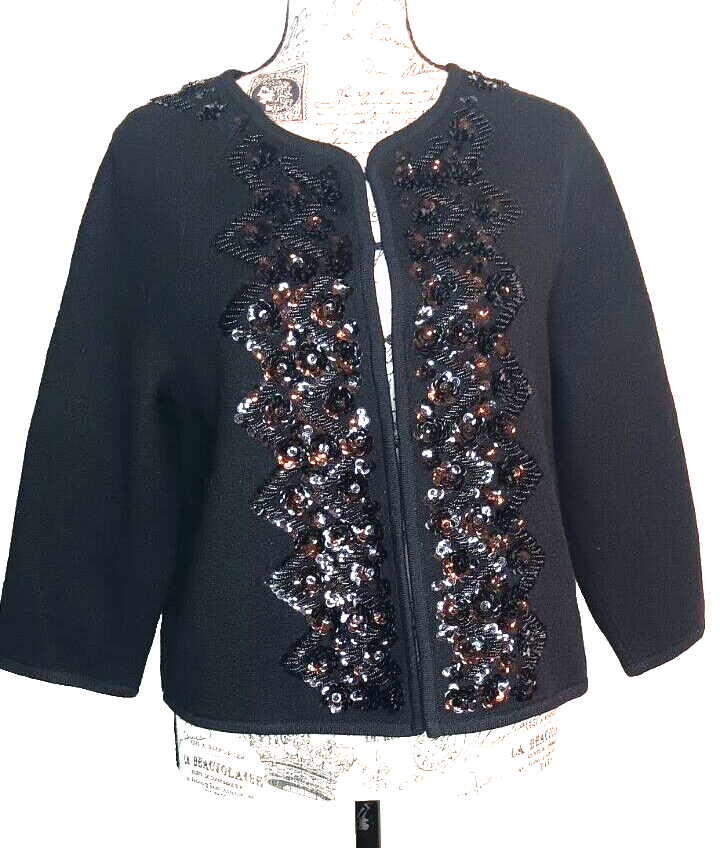 Elevenses Anthropologie Medium Black Beaded Wool Cardigan Sweater