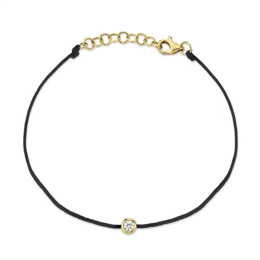 Brazalete solitario de diamantes con bisel de oro blanco de 14 quilates cordón negro redondo natural para mujer Foto 3 de 3