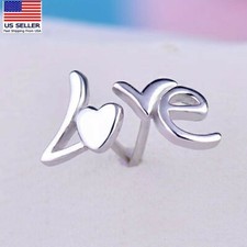 Fashion Women 925 Sterling Silver Simple LOVE Character Asymmetry Earrings Stud
