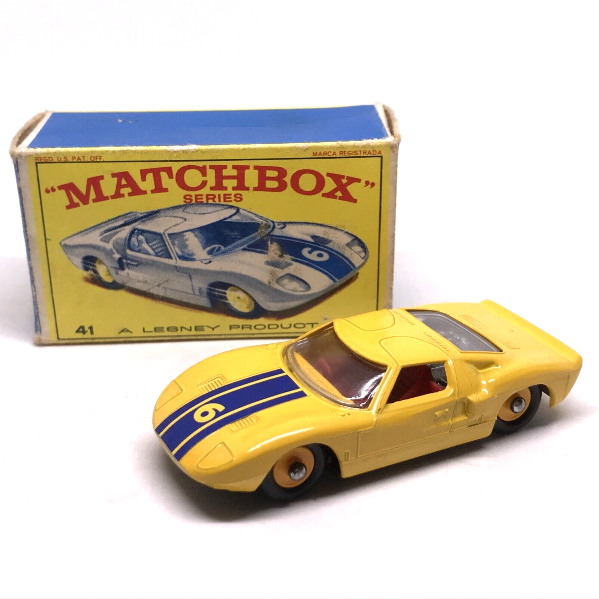 Lesney Matchbox No. 41 Ford G.T. #6 1965 Yellow/Blue - Restored