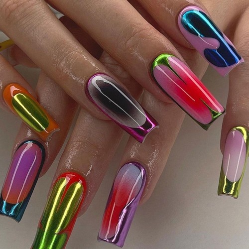 Color Clash Graffiti False Nails French Press on Nails Fake Nials Women