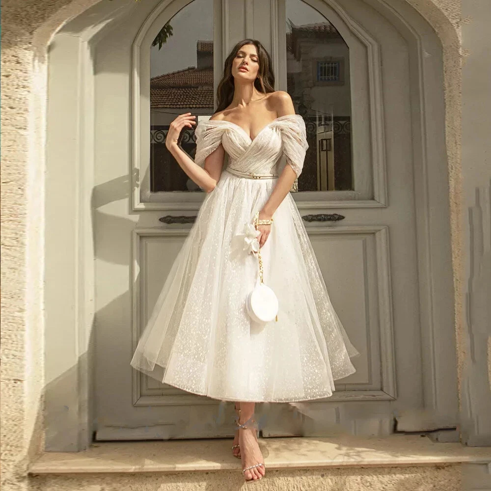 ebay short wedding dresses Short Wedding Dresses with Detachable Train Off Shoulder Lace Sequin Bridal  Gown