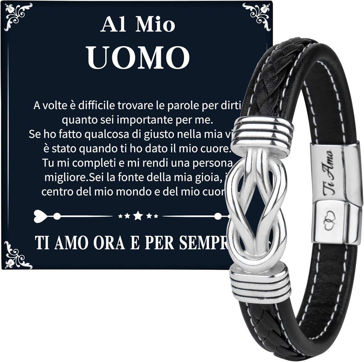 Bracciale In Pelle Uomo VU100 Con Messaggio 'Ti Amo' | Regalo Per Papà, Figlio, Marito O Fidanzato - Foto 5