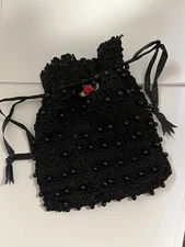 New Black Beaded Knit Drawstring Baggy Jewelry Holder Wedding Gift Bag Pouch 