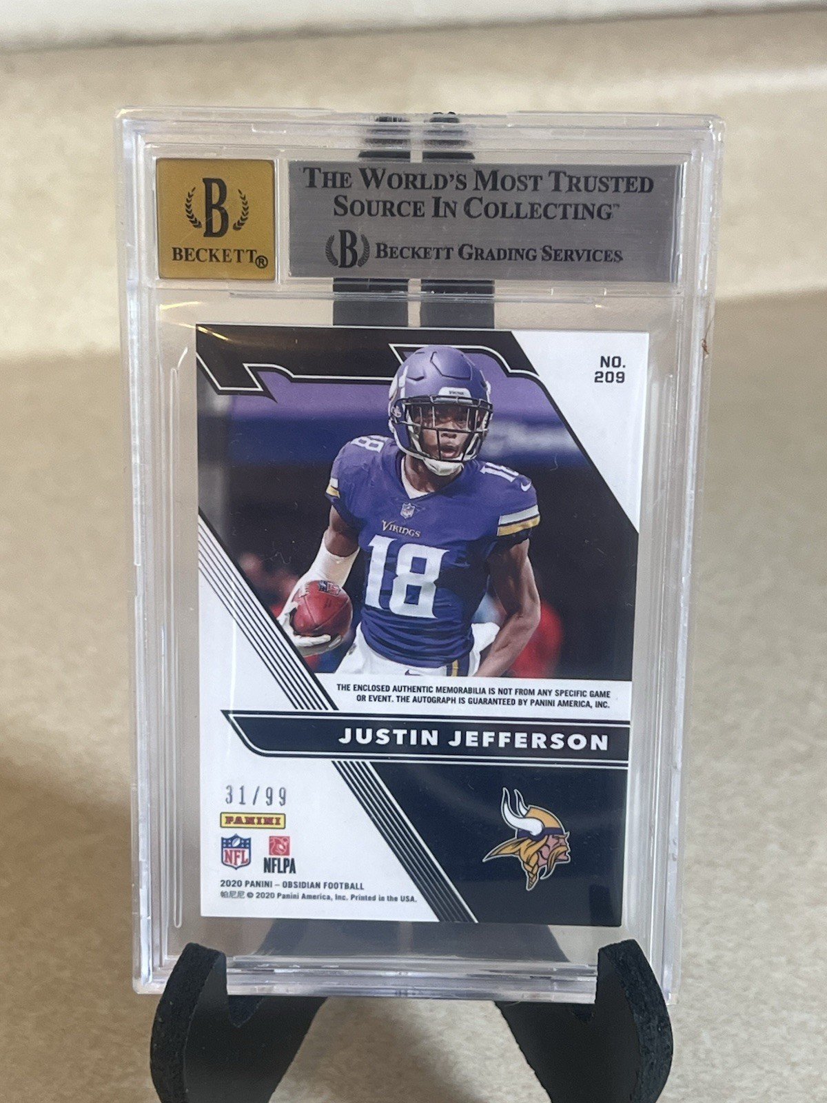 2020 Panini Obsidian Justin Jefferson Auto RC Patch Orange /99 BGS 9 Vikings view 2