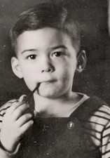 1940s B&W Portrait Panoramic Photo Boy Smoking Pipe Attic 5.5x3.5 Vernacular