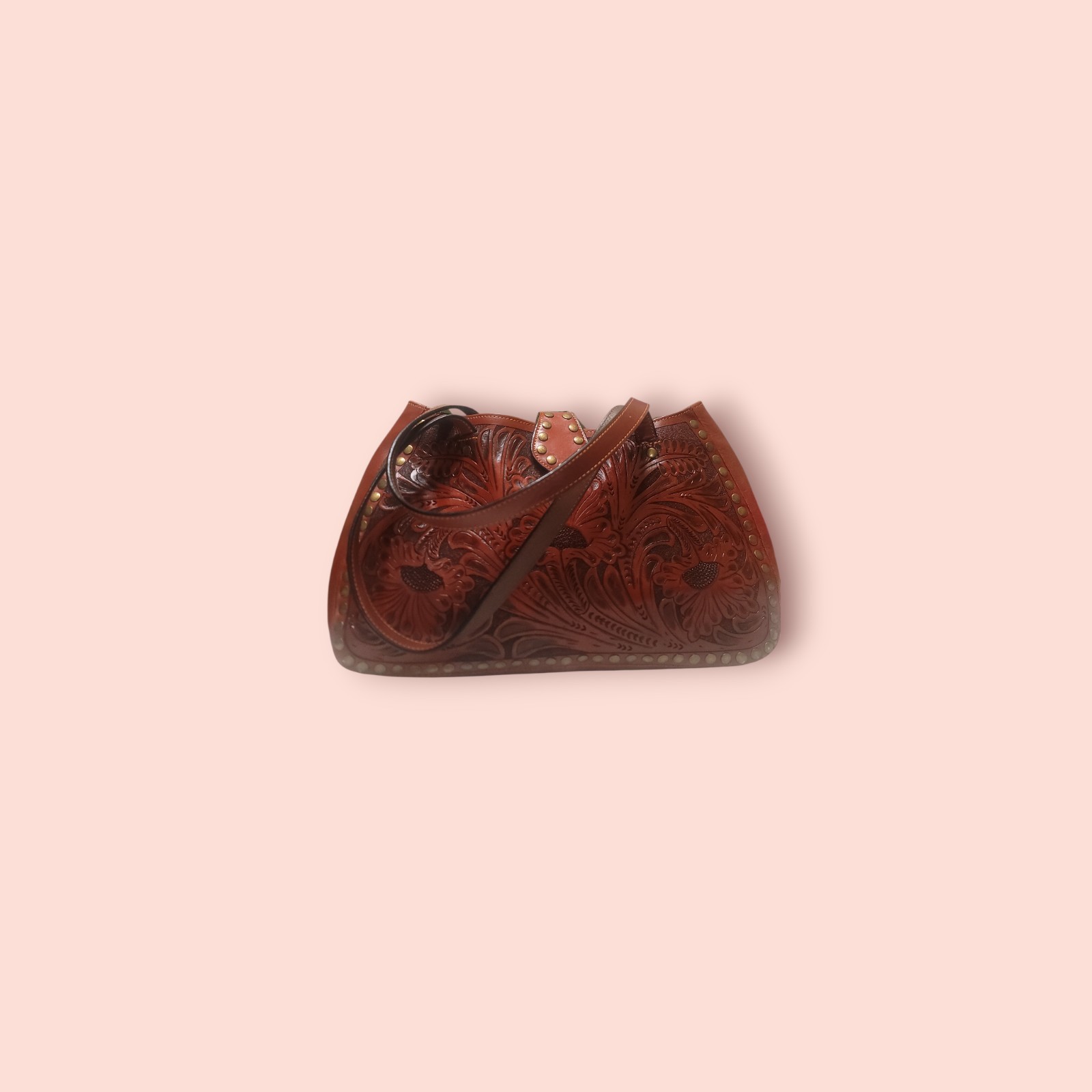 HAND TOOLED LEATHER SHOULDER BAG DEEP RUST WITH FLORAL PATTERN UNBRANDED...