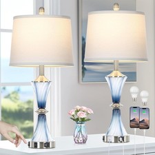 Blue Glass Table Lamp Set of 2 with USB C A Ports  AC Outlet, Bedside