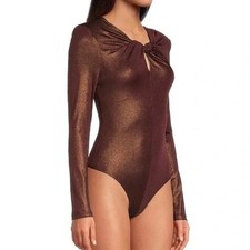 ASTR The Label Metallic Bodysuit Burgundy Gold Long Sleeve Keyhole XS