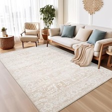 5x7 Area Rugs for Living Room, Beige Floral Washable Rugs for Dining Room,