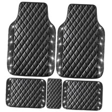 Black Bling Leather Car Floor Mats Full Set, Sparkly Black Leather Diamond