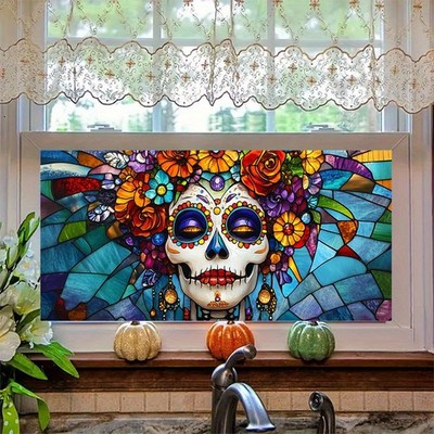 Day of The Dead Window Film 39.3x17.7 Inch Sugar Skull Cling Dia de Los Muert...