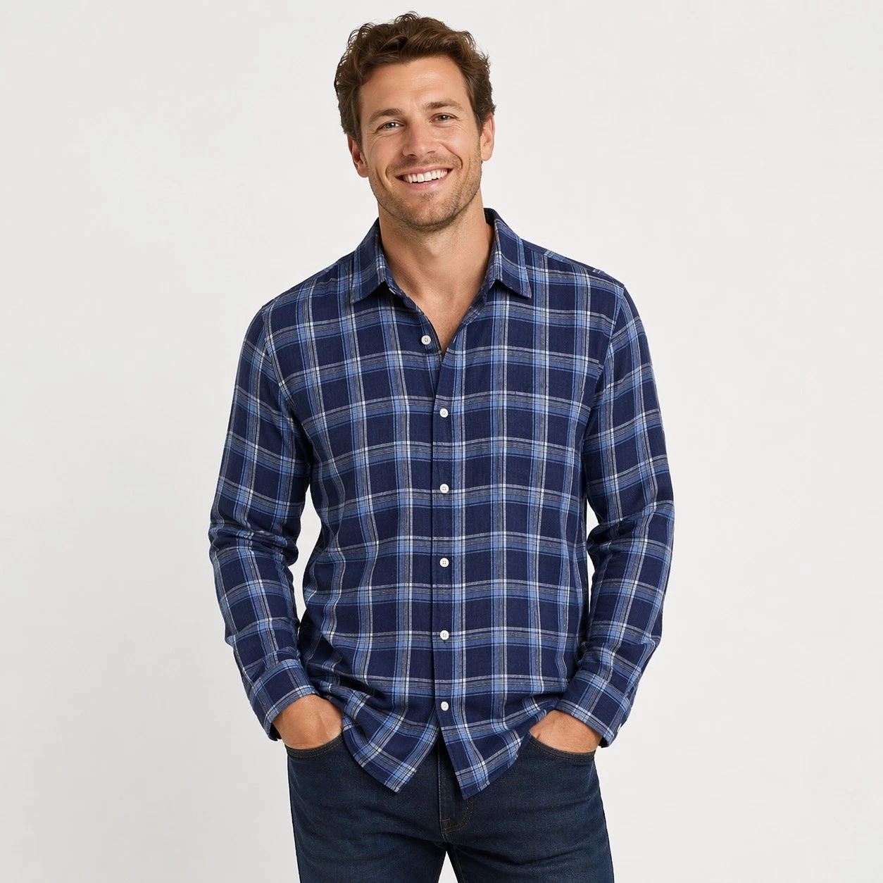 Bloomingdale's Linen Shirt Mens M Blue Plaid Button Front Casual Lightweight