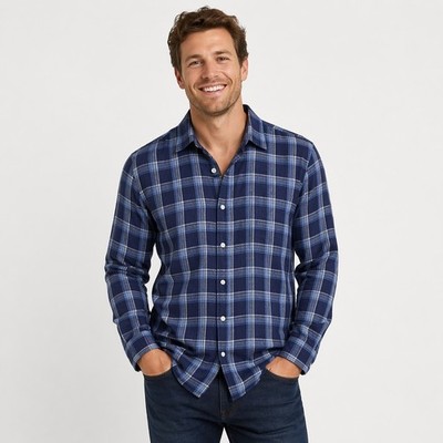Bloomingdale's Linen Shirt Mens M Blue Plaid Button Front Casual Lightweight