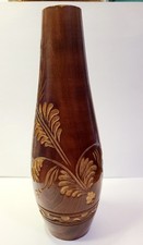 Vtg Hand Carved Hand Turned Wooden Tubular Vase 9.5 x 3" Unsigned