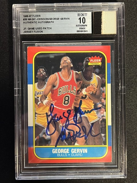 Magic Johnson George Gervin Jersey Fusion signiertes Autogramm 1986-87 Fleer Karte mit Patch
