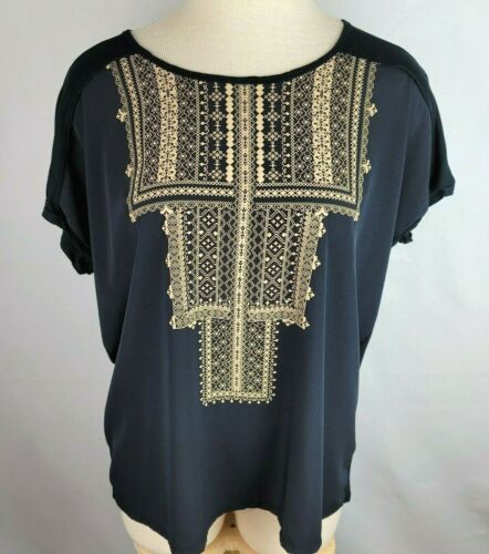 Charming Charlie Womens Size Large Black Beige Geometric Short Sleeve T Shirt