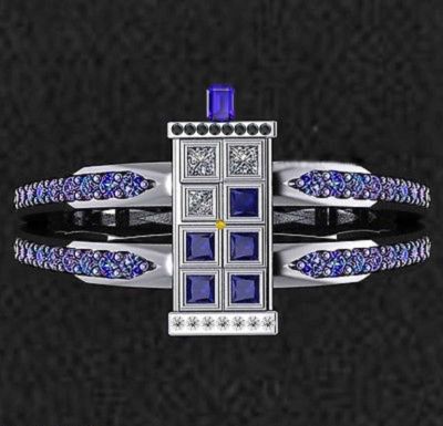 Doctor Who Tardis 935 Argentium Silver Engagement Wedding Ring Lab Created