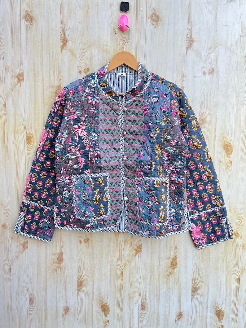 Indian Grey Patchwork Cotton Quilted Unisex Jackets Women's Clothing Jackets AU