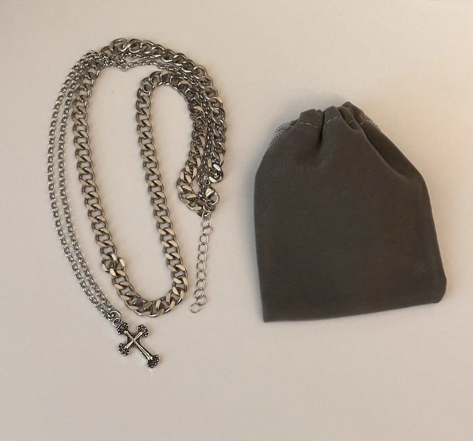 Nuevo collar cruzado de doble capa para hombre cadena de acero inoxidable hip hop unisex mujer Foto 2 de 4