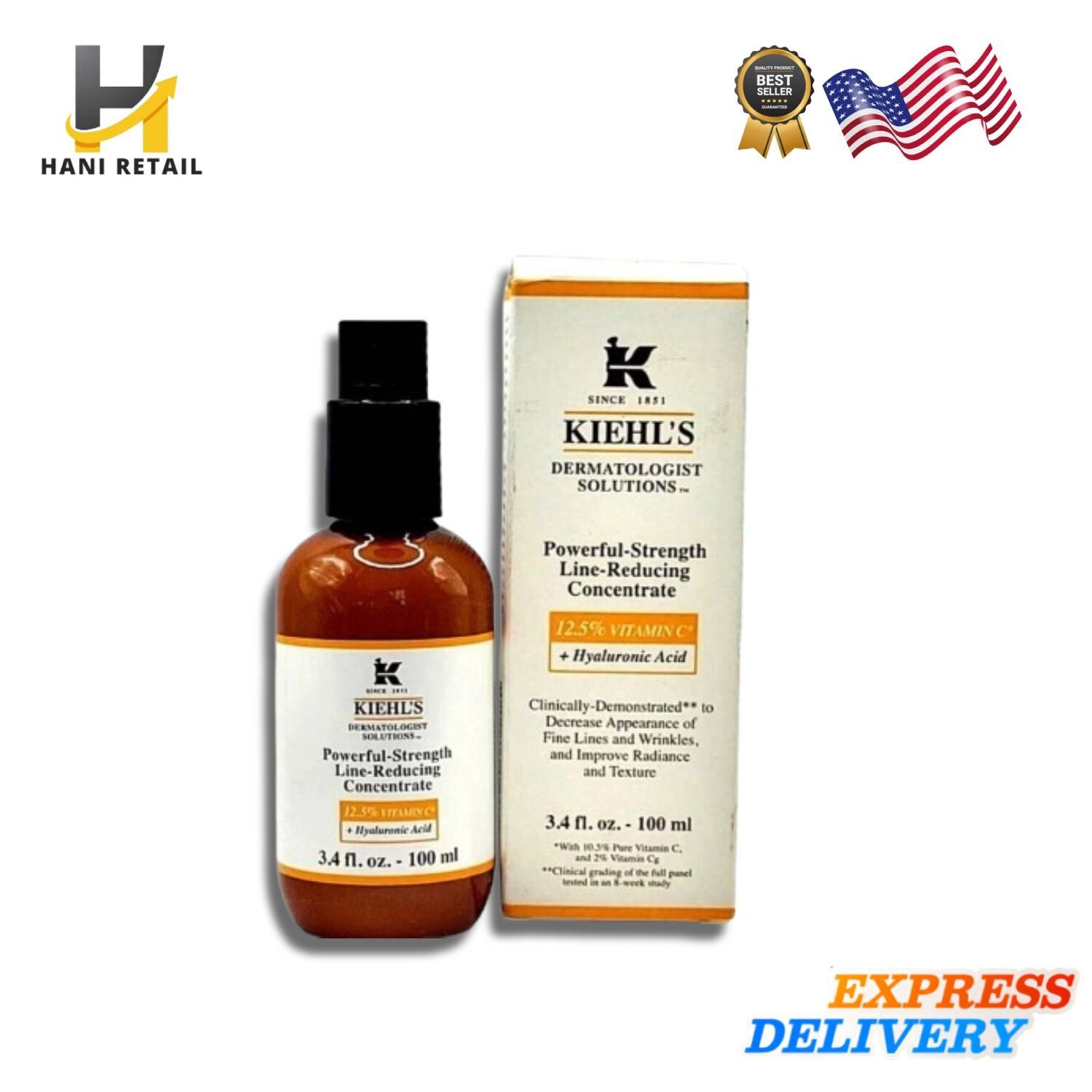 Kiehls Powerful Strength Line Reducing Concentrate with Hyaluronic Acid 3.4 oz US Shipping Only