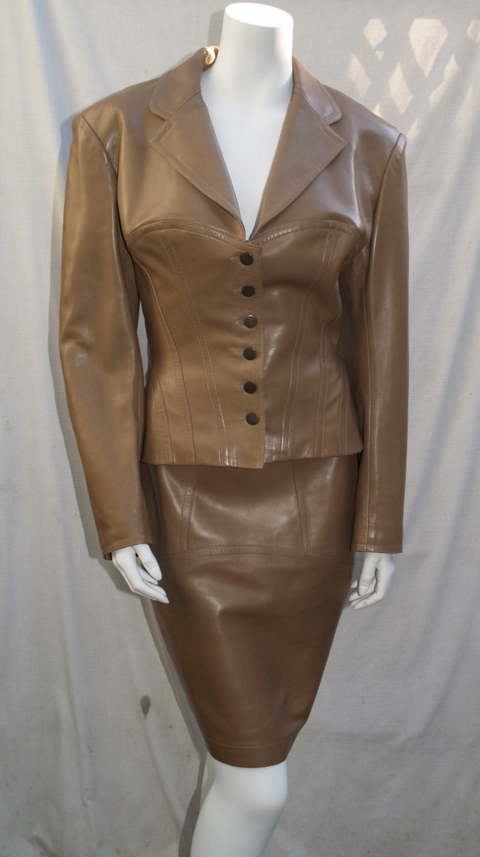 NWOT VINTAGE ALAIA LAMBSKIN LEATHER CORSET-FIT JACKET SKIRT SUIT