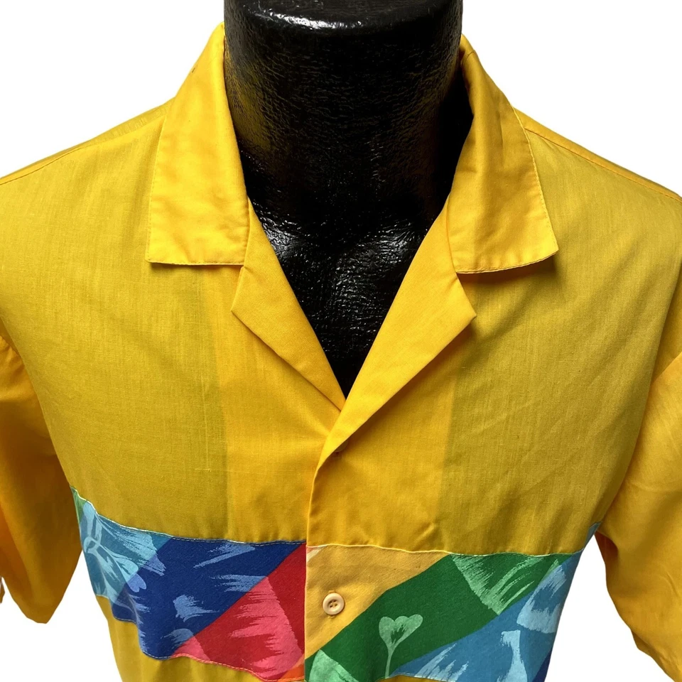 Vtg 80's Endless Summer Yellow RAINBOW Stripe Hawaiian SURFER Beach Camp Shirt L - Image 2 of 4