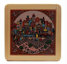 Framed JERUSALEM Ceramic Wooden Armenian Colorful Tile 15X15 cm Holy Israel gift