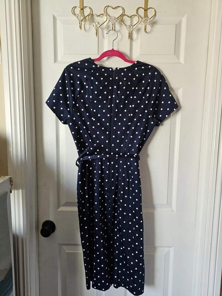 Vestido Vaina Eva Mendes NY & Co Azul Blanco Lunares Rockabilly Años 50 Inspo Talla 4 Foto 4 de 4