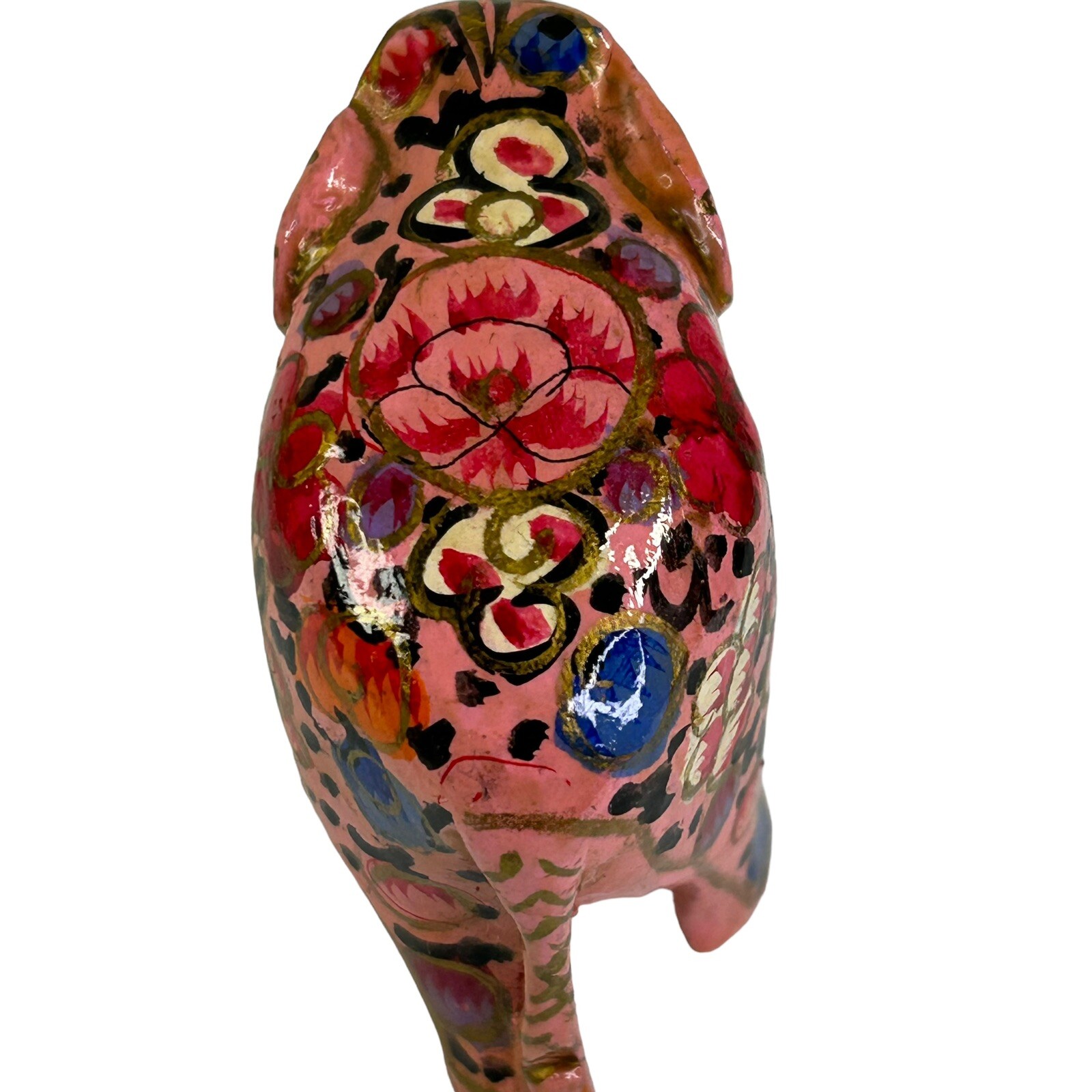 KASHMIRI PAPER MACHE ELEPHANT Figurine Multicolor Lacquered Floral Painted 2"