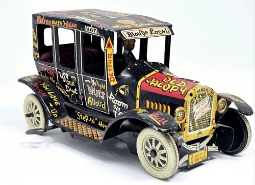 Vtg 1950's Tin Litho Marx Old Jalopy Wind-up Toy Car with Driver VGC Still Winds