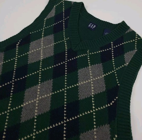Vintage GAP Green Argyle Pattern Cotton Knit Sweater Vest Boys Youth XXL Men's S - Picture 3 of 5