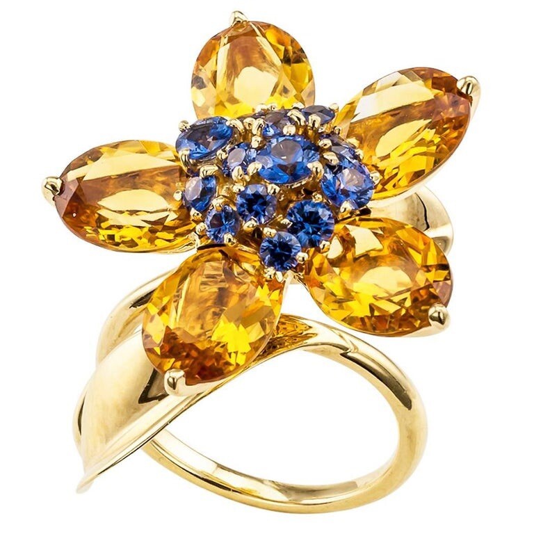Van Cleef & Arpels 18k Yellow Gold Citrine Sapphire Hawaii Flower