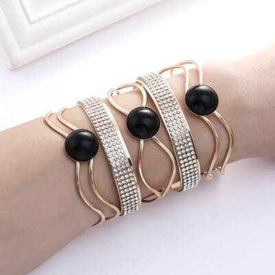 Fashion Maxi Metal Bangles Women Trendy Resin Mosaic Crystal Bracelet  Adjustable