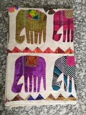 Indian Handmade Kantha Quilt Cotton Blanket Throw Twin BedCover Elephant Floral