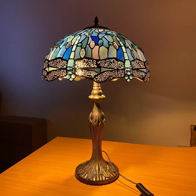 MAXSELL TIFFANY BLUE DRAGONFLY STYLE TABLE LAMP 16 INCH STAINED GLASS SHADE HANDCRAFTED