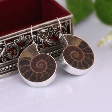 Natural Ammonite Fossil Earrings 925 Sterling Silver Dangle Hook Earrings