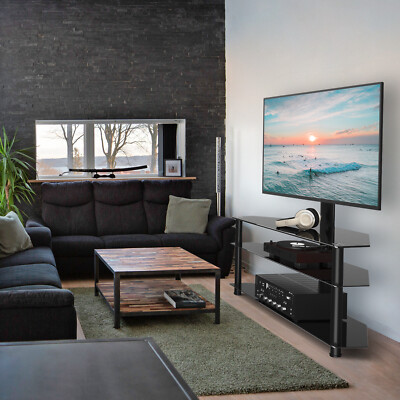 Swivel Floor TV Mount,Tempered Glass Shelves for Media Stand Base for 37 to 70''
