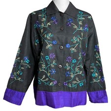Floral Embroidered Silk Jacket M Coldwater Creek Raw Plants Button-up Boxy