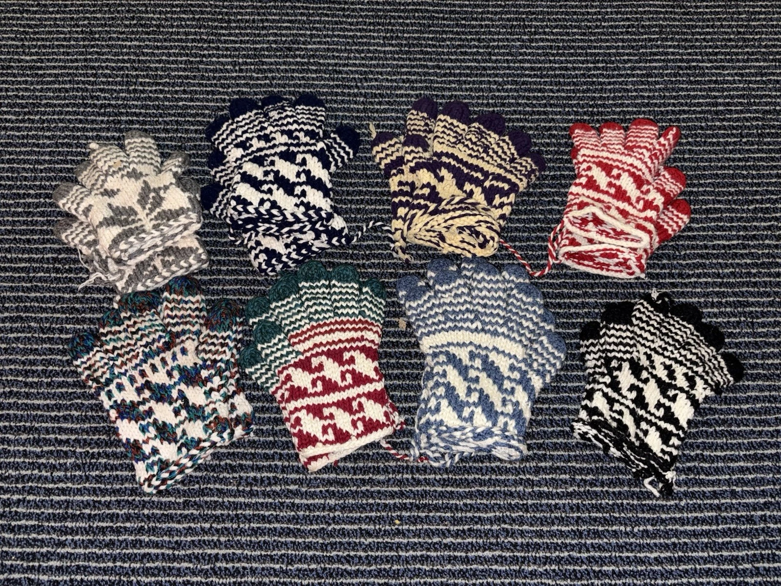 Lot Of 8 Vintage Hand-Knit Wool Blend Winter Gloves Red Blue Purple Green Grey