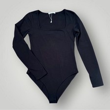 Black Square Neck Long Sleeve Bodysuit Womens Small Stretch Fitted Top