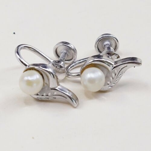 Vtg marvel Sterling 925 Silver Handmade Screw Back Earrings With Pearl